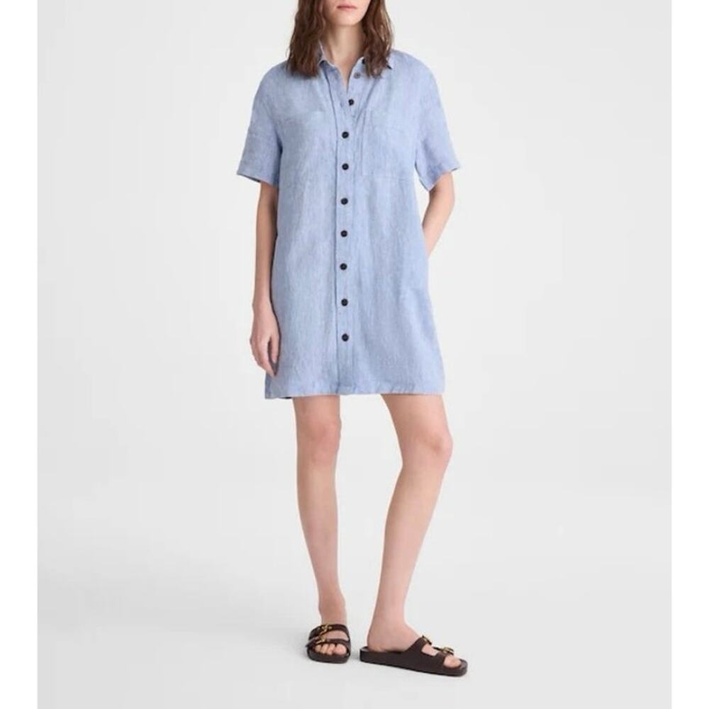 Madewell Relaxed Mini Shirtdress In 100% Linen Sunfaded Blue Size Medium